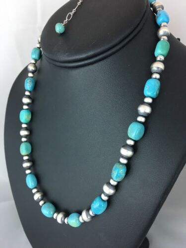 Authentic Native American | Navajo Sterling Silver Turquoise Necklace | Blue Green | 18" | 384