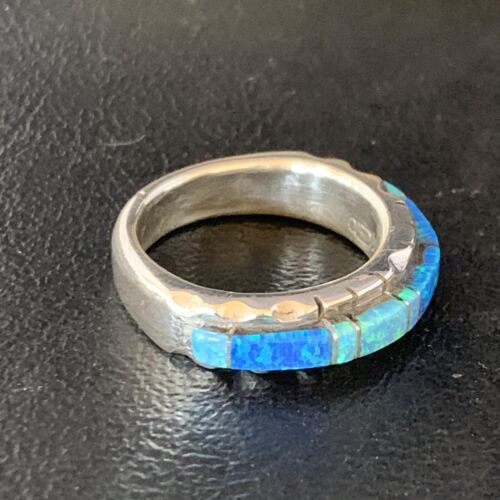 Navajo Blue Opal Inlay Ring | Sterling Silver | Sz 9 | Authentic Native American Handmade | Yazzie | 13533