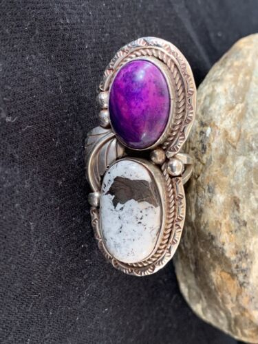 Navajo White Buffalo Turquoise & Sugilite Ring | Authentic Native American Sterling Silver | Multi-Stone | Sz 9.5 | 00309