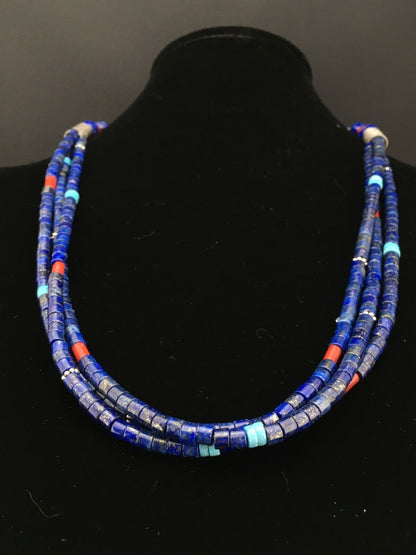 Southwestern Navajo Lapis Turquoise Necklace | 3-Strand | Sterling Silver | 24" | 1332