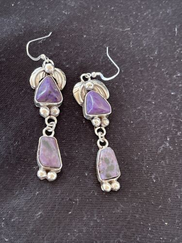 Navajo Purple Charoite Dangle Earrings | Sterling Silver | Authentic Native American Handmade | 1224