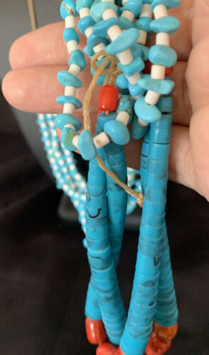 Native American Santo Domingo Blue Turquoise Coral Jacla Necklace | 5 Strand Nugget Bead | 34" | 13182