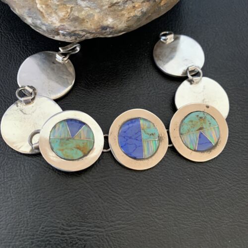 Navajo Opal Turquoise Blue Lapis Inlay Link Bracelet | Sterling Silver | 8" | Authentic Native American Handmade | 12654