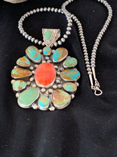 Navajo Royston Turquoise Spiny Oyster Multi-Stone Cluster Necklace | Authentic Native American Sterling Silver XL Pendant | 3237