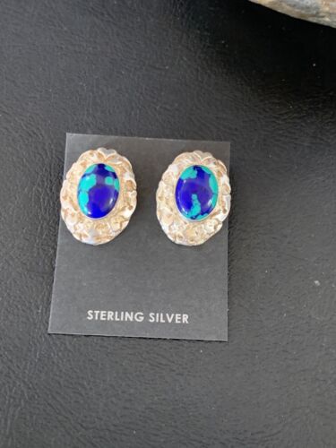 Native American Women's Blue Azurite Nugget Earrings | Sterling Silver | 13016