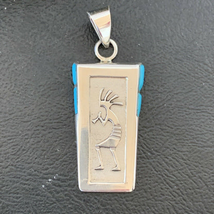 Navajo Kokopelli Stamp Turquoise Inlay Pendant | Sterling Silver | Authentic Native American Handmade | 10958 - Masha USA