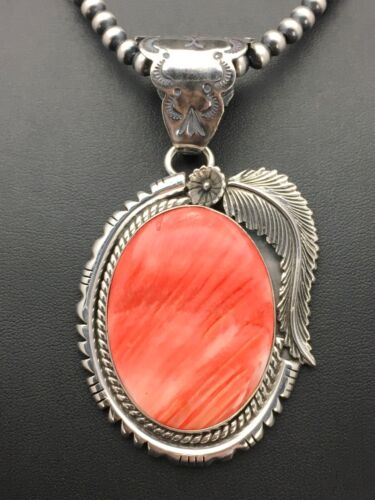 Navajo Red Spiny Oyster Pendant Necklace Set | Sterling Silver | Authentic Native American Handmade | Yazzie | 2879