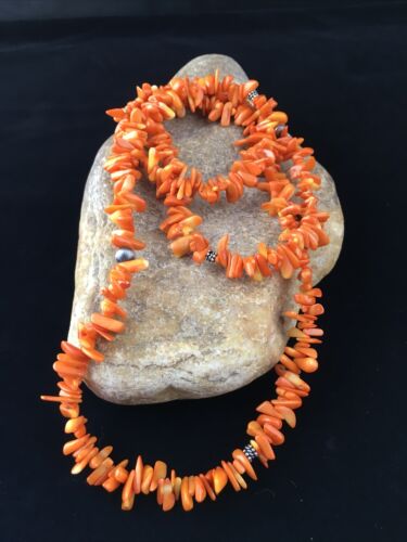 Navajo Orange Coral Necklace | Sterling Silver | 36" | Authentic Native American Handmade | 10044