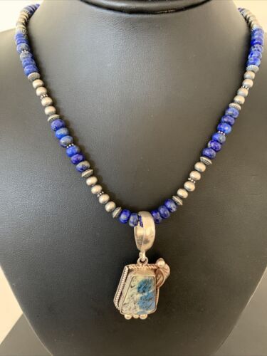 Men's Navajo Pearls Lapis Necklace with Azurite Pendant | Sterling Silver | Authentic Native American Handmade | 01931