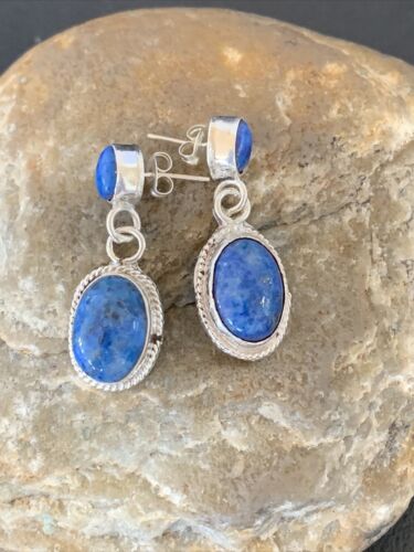 Navajo Denim Lapis Dangle Earrings | Sterling Silver | 1.1" | Authentic Native American Handmade | 1706