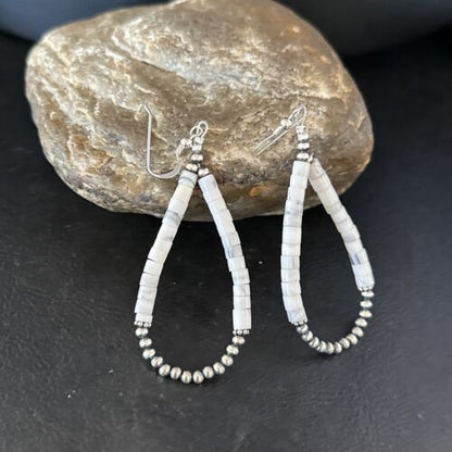 Navajo White Howlite Heishi Dangle Earrings | Sterling Silver | 2" | Authentic Native American Handmade | 14480