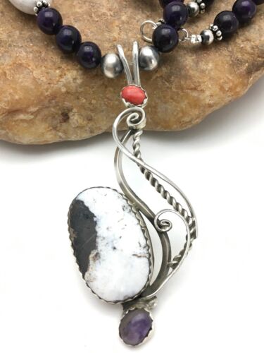 Navajo White Buffalo Sugilite Multi-Stone Pendant Set | Authentic Native American Sterling Silver | 24" | 2816