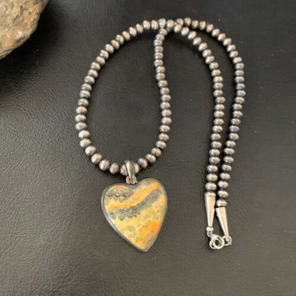 Navajo Heart Yellow Bumblebee Jasper Pendant | Sterling Silver Necklace | Authentic Native American Handmade | 12813