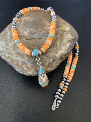 Navajo Pearls, Orange Spiny Oyster & Turquoise Sterling Silver Necklace with Pendant | Authentic Native American | 12704