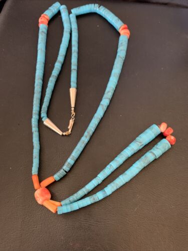 Southwestern Santo Domingo Pink Coral Blue Turquoise Jacla Necklace | 30" | Authentic Native American Handmade | 12517