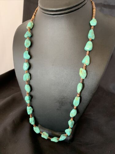 Navajo Pearls Nugget Blue Turquoise Necklace | Sterling Silver Shell | 26" | Authentic Native American Handmade | 12541