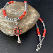 Authentic Navajo Red Coral Naja Pendant Necklace | Sterling Silver | Southwestern Style | 13881