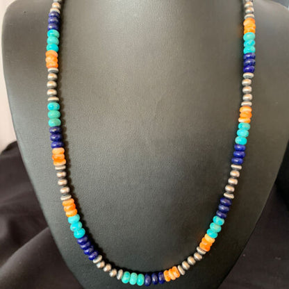 Navajo Blue Lapis Turquoise Orange Spiny Oyster Necklace | Sterling Silver | 22" | 13365