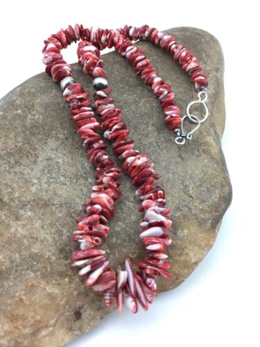 Navajo Red Spiny Oyster Necklace | Sterling Silver | Authentic Native American | 18" | 4767