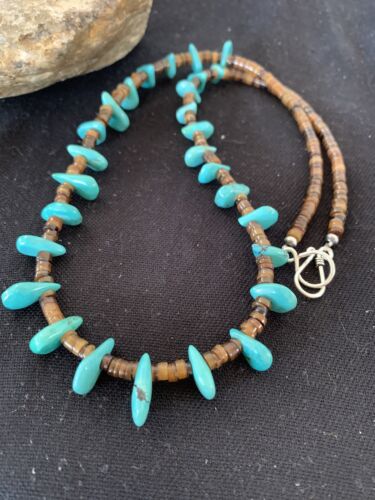 Navajo Blue Turquoise Bone Bead Necklace | Sterling Silver | 20" | Authentic Native American Handmade | 00301