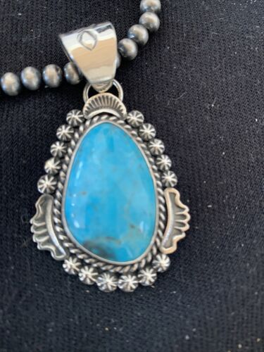 Men's Navajo Pearls Necklace | Sterling Silver Blue Kingman Turquoise Pendant | Native American Handmade | 793