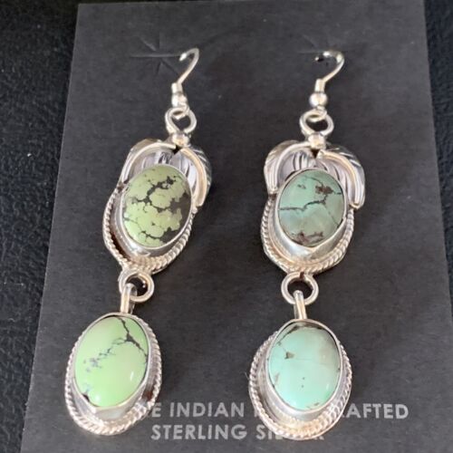 Navajo Green Spiderweb Turquoise Dangle Earrings | Sterling Silver | Authentic Native American Handmade | 13554