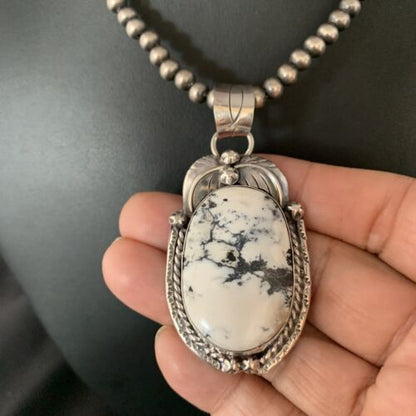White Buffalo Turquoise Pendant Necklace | Sterling Silver | Navajo | Authentic Native American Handmade | 14052