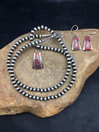 Navajo Opal Inlay Pendant Necklace & Earring Set | Sterling Silver | Authentic Native American Handmade | 3075
