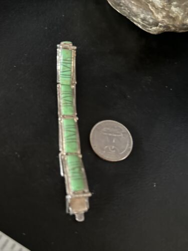 Native American Women's Green Gaspeite Inlay Link Bracelet | Sterling Silver | 7.5" | 14270