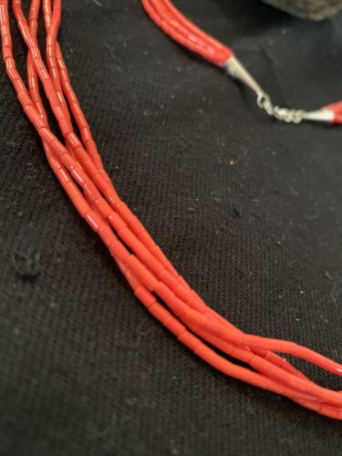 Red Stabilized Coral Heishi Necklace | 5-Strands | Sterling Silver | 20" | Authentic Native American Handmade | 00761