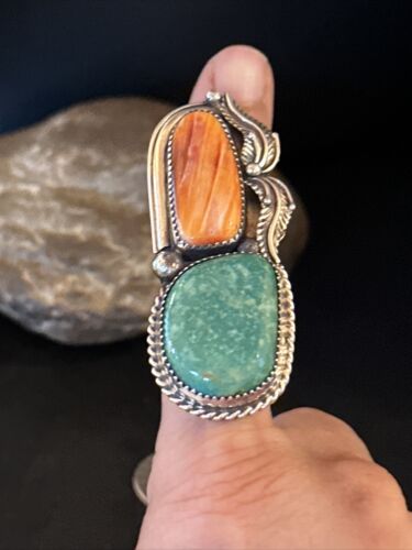 Navajo Turquoise Spiny Oyster Multi-Stone Ring | Authentic Native American Sterling Silver | Multi-Stone | Sz 8 | 14494