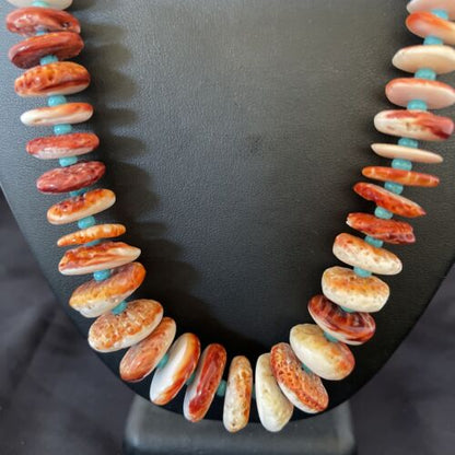 Navajo Turquoise & Red Spiny Oyster Necklace | Sterling Silver | Authentic Native American | Graduated | 20" | 10590