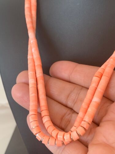 Navajo Pink Stabilized Coral Heishi Bead Necklace | 2 Strand | Sterling Silver | Authentic Native American Handmade | 4701