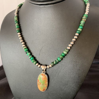 Navajo Pearls Green Turquoise Pendant Necklace | Sterling Silver Beads | Authentic Native American Handmade | 13309