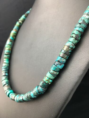 Native American Green Turquoise Heishi Bead Necklace | 10mm Sterling Silver | 20" | 4357