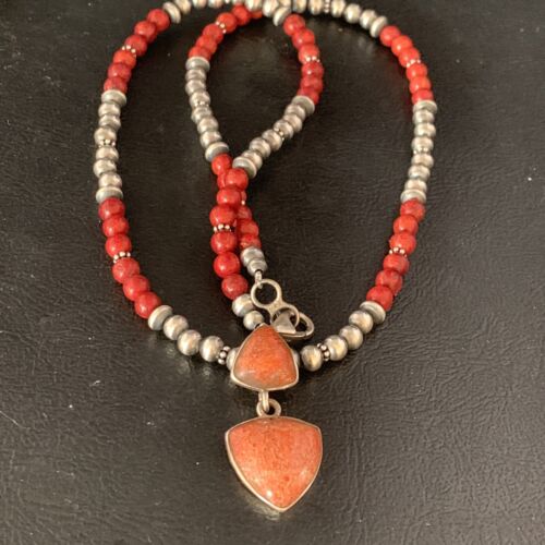 Navajo Red Apple Coral and Multi-Stone Bead Necklace | Sterling Silver | Authentic Native American Handmade | 13414