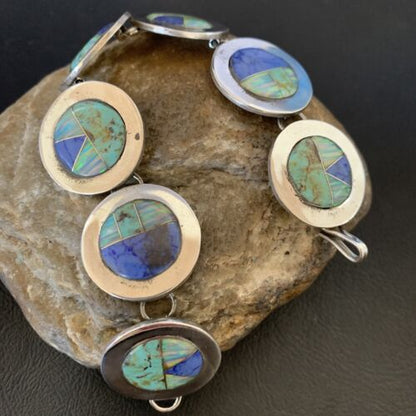 Navajo Opal Turquoise Blue Lapis Inlay Link Bracelet | Sterling Silver | 8" | Authentic Native American Handmade | 12654