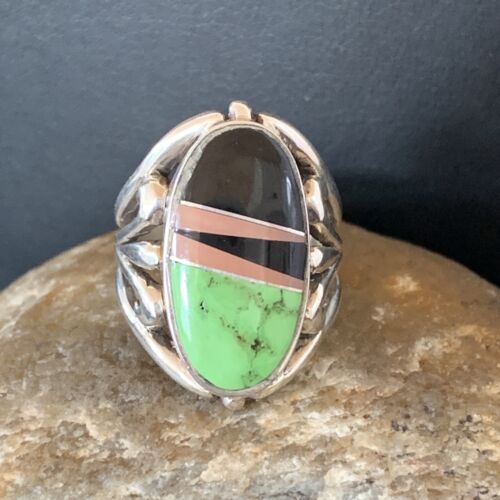Native American Gaspeite, Onyx & Opal Inlay Ring | Sterling Silver | Sz 7 | 01488
