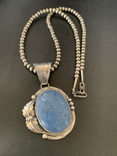 Navajo Denim Lapis Necklace with Pendant | Sterling Silver | Authentic Native American Handmade | 12443
