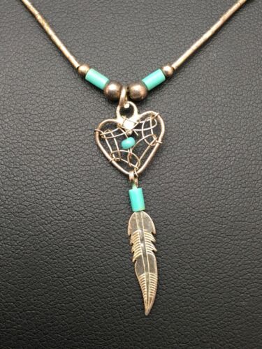 Navajo Turquoise Feather Pendant Necklace | Sterling Silver | Native American Handmade | 8970