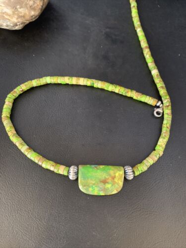 Navajo Green Gaspeite Turquoise Pendant | Sterling Silver | Authentic Native American Handmade | 13916