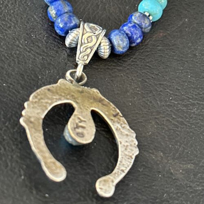 Navajo Blue Turquoise Lapis Necklace Pendant | Authentic Native American Sterling Silver | Naja | 14638