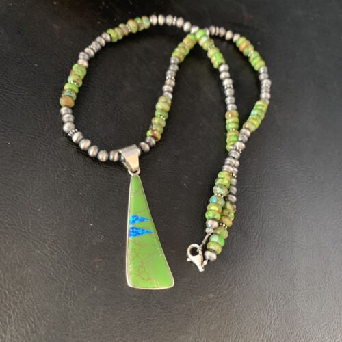 Navajo Green Turquoise Gaspeite Inlay Necklace | Sterling Silver | Authentic Native American Handmade | 13807