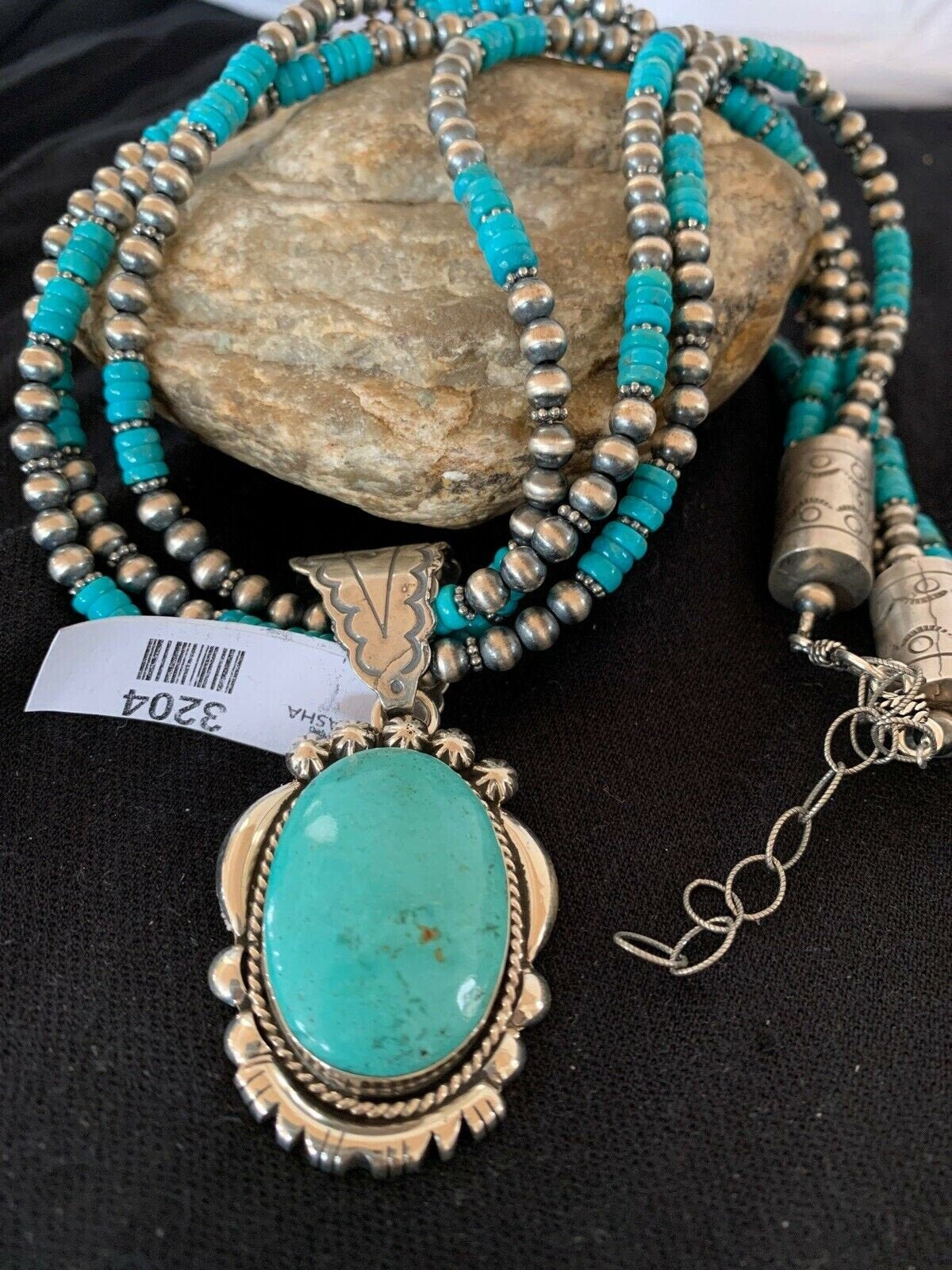 Navajo Kingman Turquoise Pendant Necklace | Sterling Silver | 3-Strand | Authentic Native American Handmade | 3204