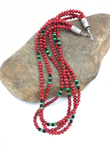 Native American Coral & Turquoise 3 Strand Necklace | Navajo Sterling Silver | 19" | 4856