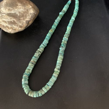 Native American Green Turquoise Heishi Bead Necklace | 12mm | Sterling Silver | Handmade | 22" | 13570 - Masha USA