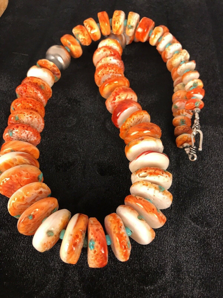 Native American Navajo Orange Spiny Oyster Turquoise Sterling Silver Necklace 01822