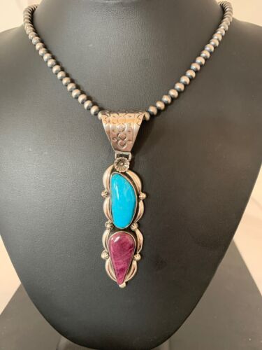 Navajo Kingman Turquoise & Spiny Oyster Pendant Necklace | Sterling Silver | Authentic Native American Handmade | 4576