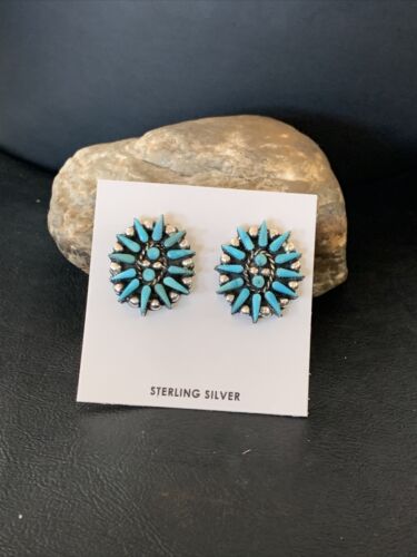 Navajo Blue Cluster Turquoise Stud Post Earrings | Sterling Silver | Authentic Native American Handmade | 12302