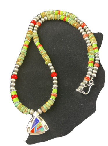 Navajo Turquoise & Spiny Oyster Inlay Pendant Necklace | Sterling Silver | Authentic Native American Handmade | 01622